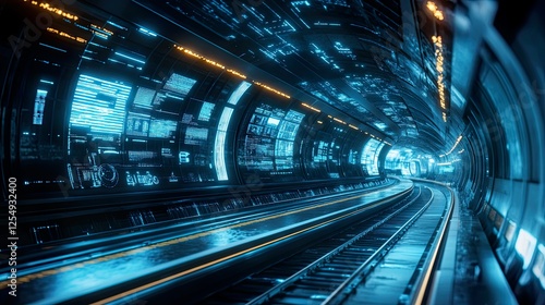 Futuristic public transport system with high-speed trains and digital information displays