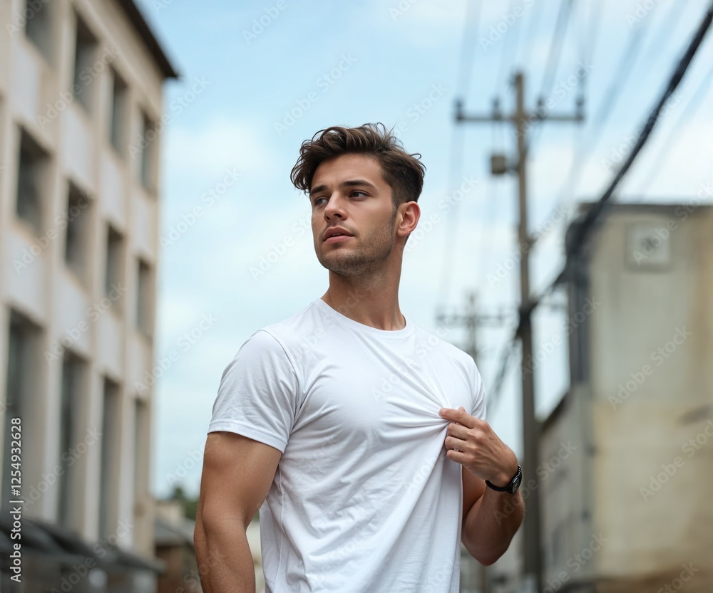 Obraz premium A Young Man Male Model Confident Pose Outdoor Plain White T-shirt, urban background