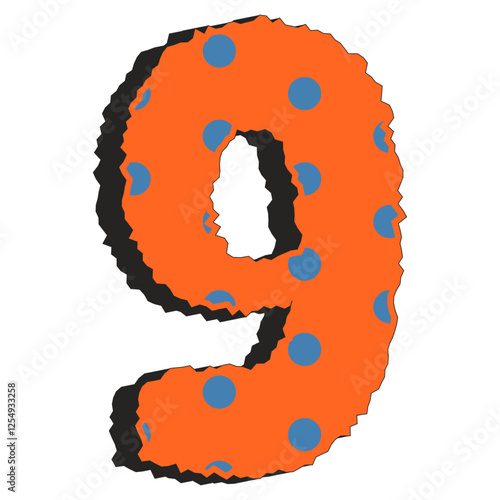 Stylized number nine with orange background, blue polka dots, and jagged outline. Great for educational materials, posters, and playful designs. Vector art.