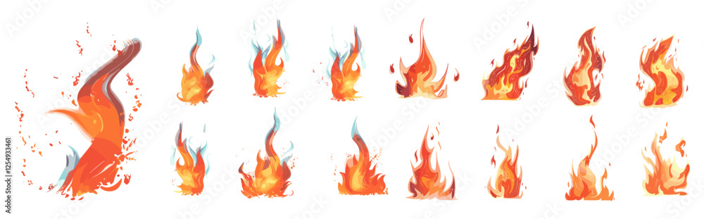 Obraz premium Fire flame shapes set, vector 3d illustrations, isolate png, flame design, heat energy, transparent background, dynamic flame illustrations, fire visual elements, fiery shapes