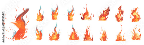 Fire flame shapes set, vector 3d illustrations, isolate png, flame design, heat energy, transparent background, dynamic flame illustrations, fire visual elements, fiery shapes