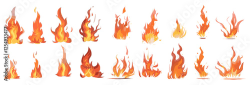 3d fire flame shapes vector illustration set on transparent background, png isolate, heat elements, fire shapes, flame design, hot visual effects, dynamic fire shapes, isolated flames