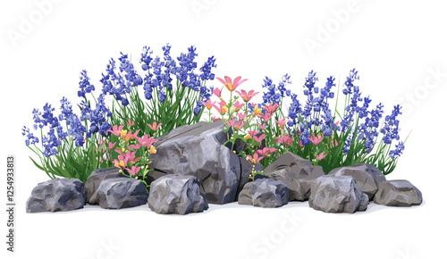Vector illustration of blossoming flowers, flowering shrub, rocks, green plants, landscaping design, cutout backgrounds, nature-inspired garden, botanical theme, outdoor decoration