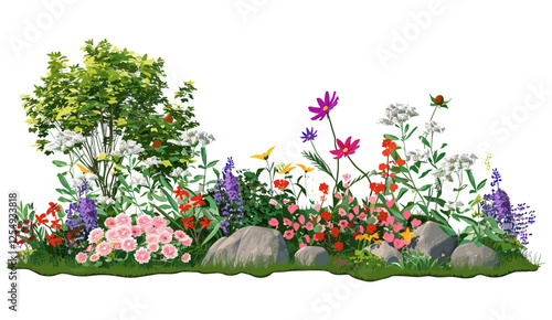 Flower gardening composition, vector illustration, landscape design, cutout backgrounds, nature scene, plant growth, vibrant flowers, floral garden, outdoor decor, greenery