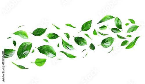 Vector illustration of green leaves, flying, realistic flow, isolated, dancing leaves, spring motion, leaf design, wind effect, environmental theme, nature, green foliage, natural movement