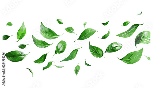 Realistic flying leaves illustration, vector dancing leaves, green foliage flow, isolated motion, nature, spring, environmental concept, natural beauty, leaf pattern, wind effect, green plants