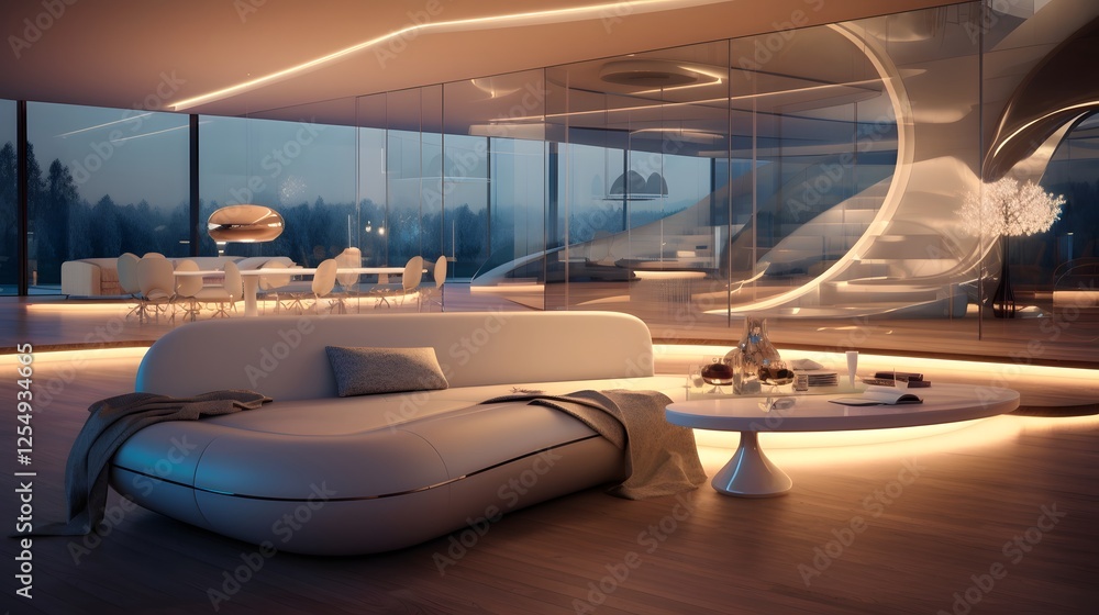 Fototapeta premium Serene and sophisticated minimalist living space with futuristic furnishings soft ambient lighting and a clean uncluttered design aesthetic