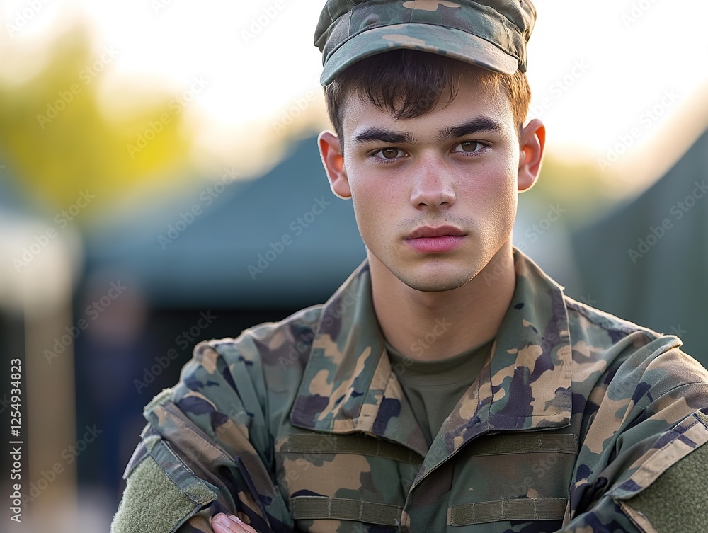 Soldier in camouflage uniform, standing at attention with a determined expression in a training camp Soldier in camouflage uniform, standing at attention with a determined expression in a training camp