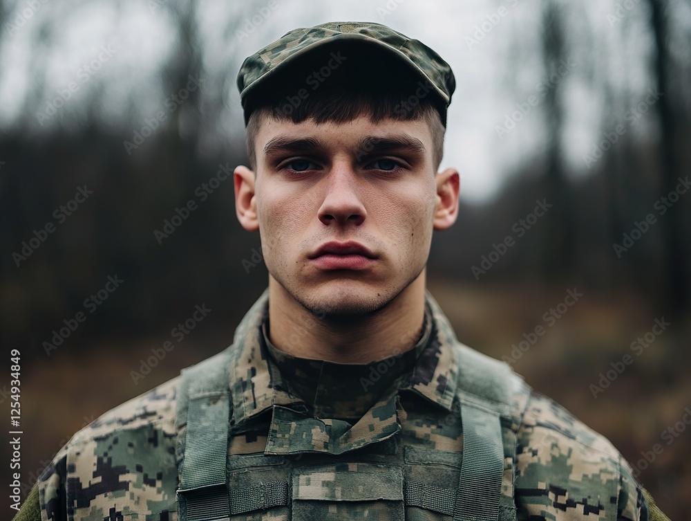 Soldier in camouflage uniform, standing at attention with a determined expression in a training camp Soldier in camouflage uniform, standing at attention with a determined expression in a training camp