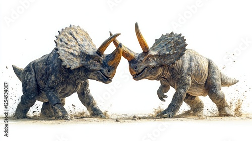 Dueling Dinosaurs Triceratops Clash in Prehistoric Landscape photo