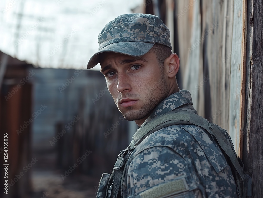 Soldier in camouflage uniform, standing at attention with a determined expression in a training camp Soldier in camouflage uniform, standing at attention with a determined expression in a training camp