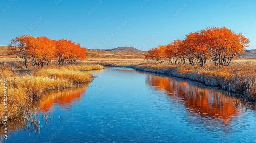 Obraz premium Vibrant Autumn Valley with Serene River Flowing Through Glowing Foliage