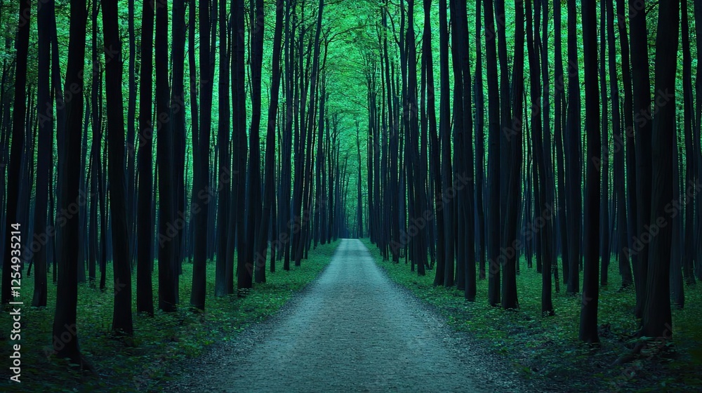 Fototapeta premium Glow forest idea. A serene path through a lush green forest, surrounded by tall, vibrant trees.