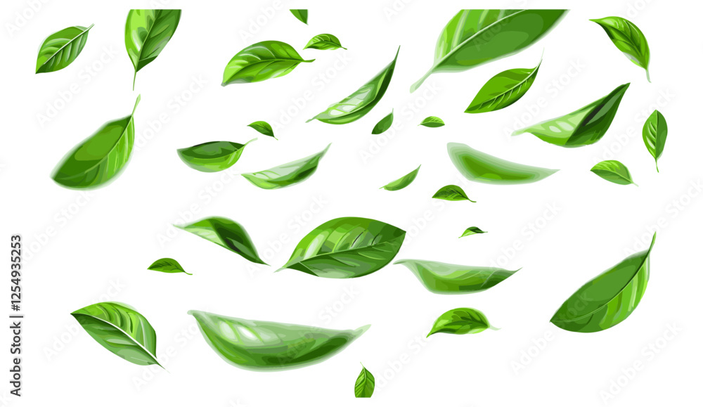 Naklejka premium Vector illustration of green leaves, floating freshness, cutout leaves on transparent background, nature design, clean leaves, eco-friendly concept, tropical leaves, spring foliage
