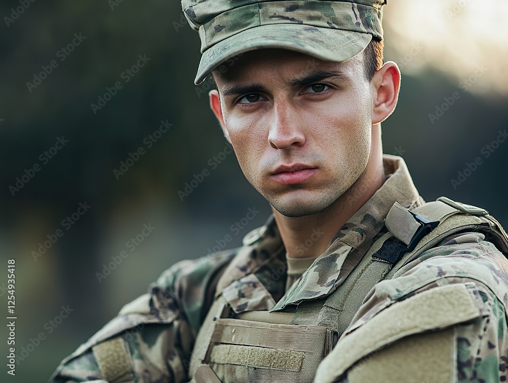 Soldier in camouflage uniform, standing at attention with a determined expression in a training camp Soldier in camouflage uniform, standing at attention with a determined expression in a training camp