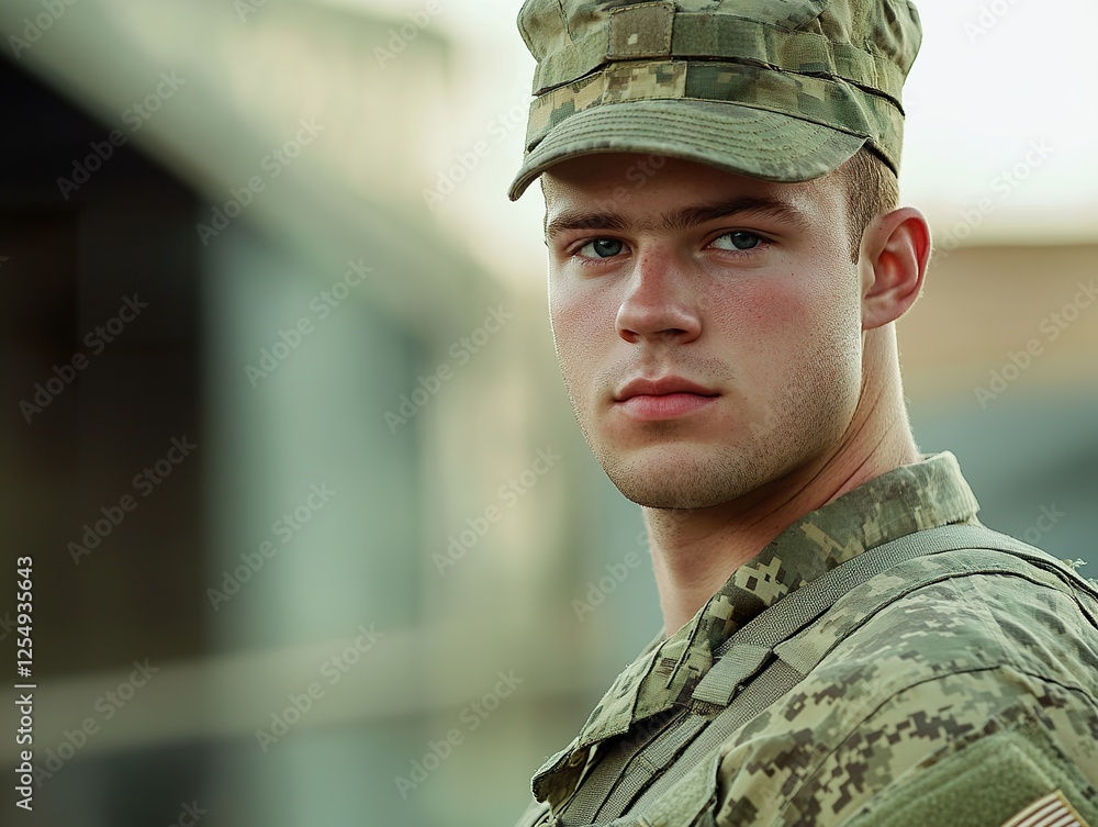 Soldier in camouflage uniform, standing at attention with a determined expression in a training camp Soldier in camouflage uniform, standing at attention with a determined expression in a training camp