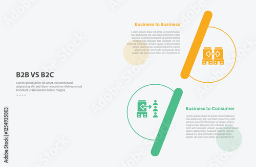 B2B vs B2C infographic outline style with 2 point comparison template with half circle vertical stack shape opposite direction for slide presentation