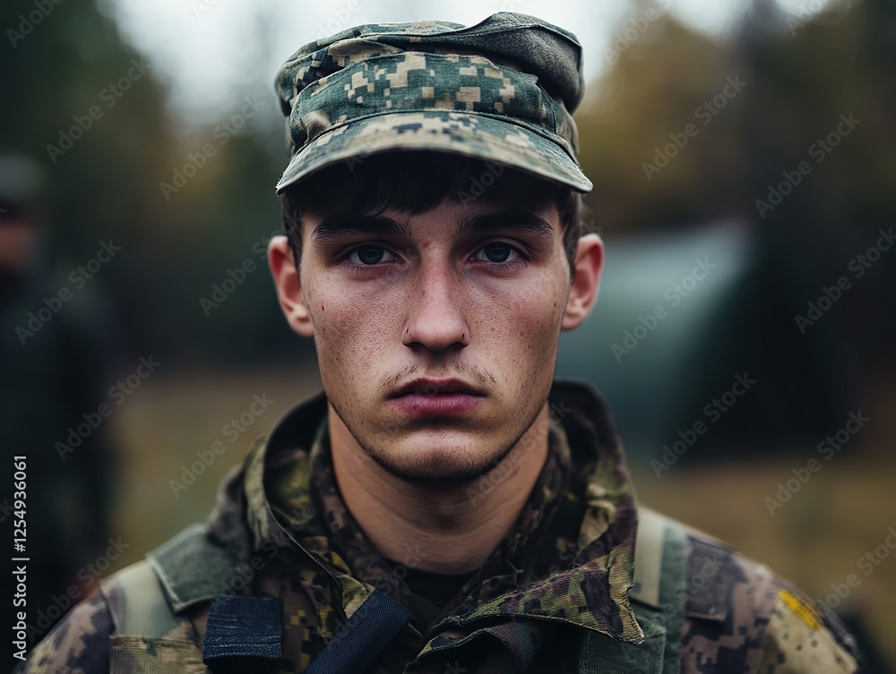 Soldier in camouflage uniform, standing at attention with a determined expression in a training camp Soldier in camouflage uniform, standing at attention with a determined expression in a training camp