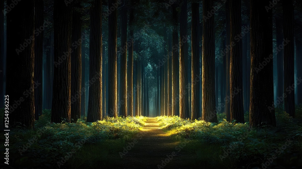 Fototapeta premium Glow forest idea. A tranquil forest pathway illuminated by soft sunlight filtering through trees.