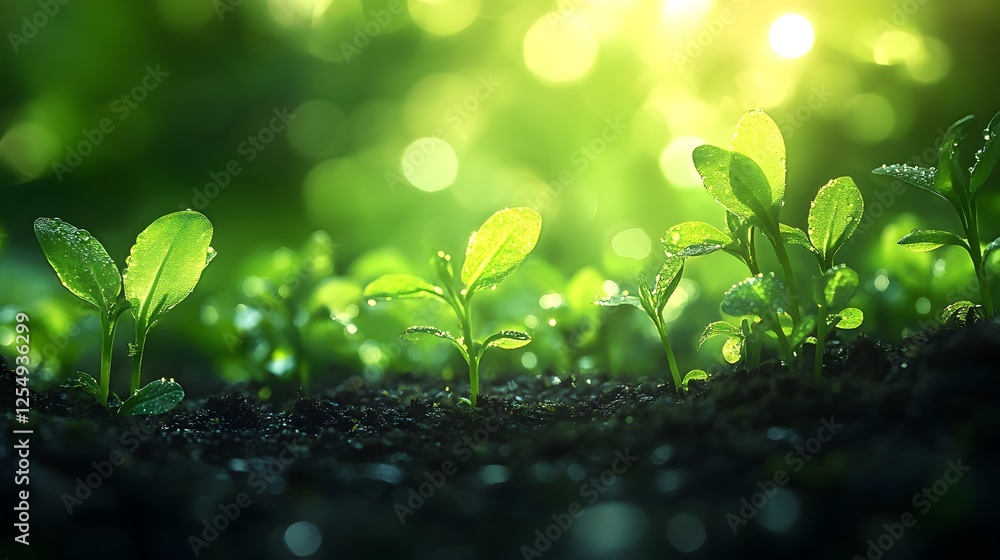 Seedlings sprouting from rich soil, illuminated by bright, warm sunlight, symbolizing growth, freshness, and the start of new life Seedlings sprouting from rich soil, illuminated by bright, warm sunlight, symbolizing growth, freshness, and the start of new life