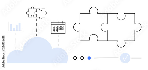 Cloud with data chart, calendar, and puzzle pieces connected. Ideal for teamwork, data integration, task management, productivity, project planning cloud computing and collaborative tools. Line