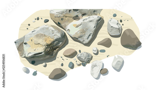 Vector illustration of rocks, beaches on sand, cutout transparent background, aerial view, nature scenery, coastal landscape, sea waves, ocean shore, outdoor elements