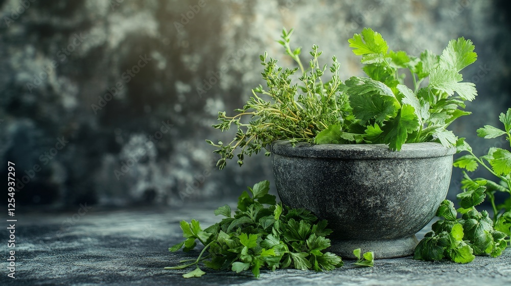 A stone bowl filled with fresh herbs, showcasing vibrant greens against a textured background. A stone bowl filled with fresh herbs, showcasing vibrant greens against a textured background.