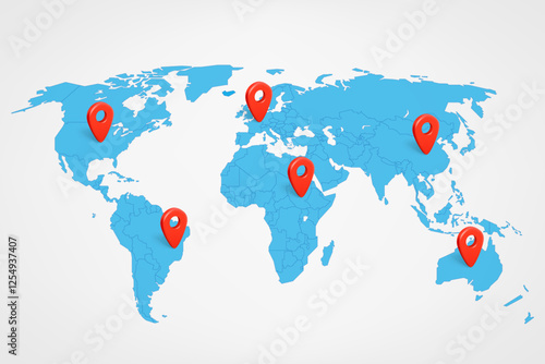 World map with red 3d pins. 3d vector illustration