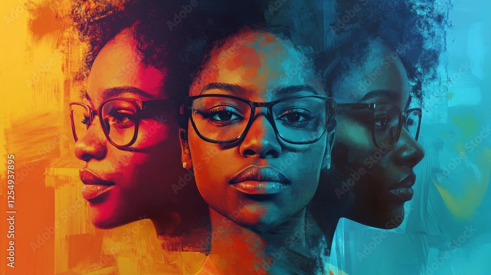 Fototapeta premium A confident African American woman with glasses, showcasing her diverse personality through vibrant colors and artistic layering.