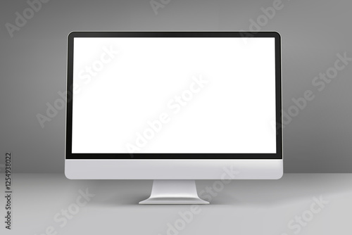 Computer monitor in grey interior. 3d vector mockup
