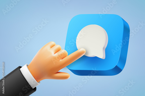 Businessman pressing button with message sign. 3d vector illustration