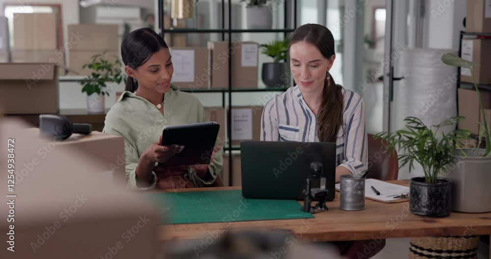 Business women, tablet or logistics with boxes or laptop for stock control, distribution or inventory checklist at office. Female people, employees or colleagues working on technology at online store Business women, tablet or logistics with boxes or laptop for stock control, distribution or inventory checklist at office. Female people, employees or colleagues working on technology at online store