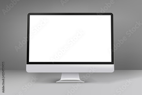 Computer monitor in grey interior. 3d vector mockup