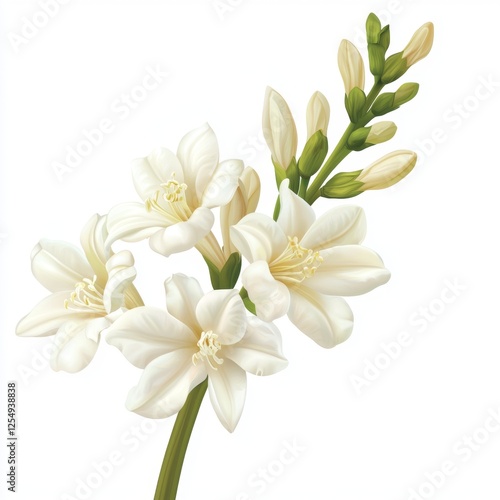 Elegant White Blossoms with Green Buds on a Sturdy Stem Representing Purity and Freshness in Nature's Beauty