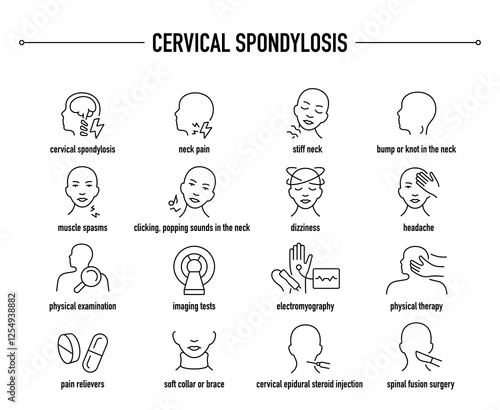 Cervical Spondylosis symptoms, diagnostic and treatment vector icon set. Line editable medical icons.