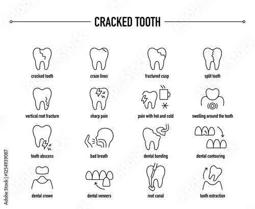 Cracked Tooth symptoms, diagnostic and treatment vector icon set. Line editable medical icons.