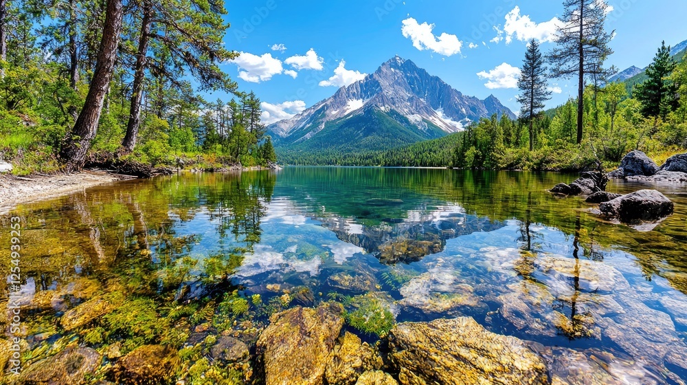 Fototapeta premium Mountain lake reflection, summer landscape
