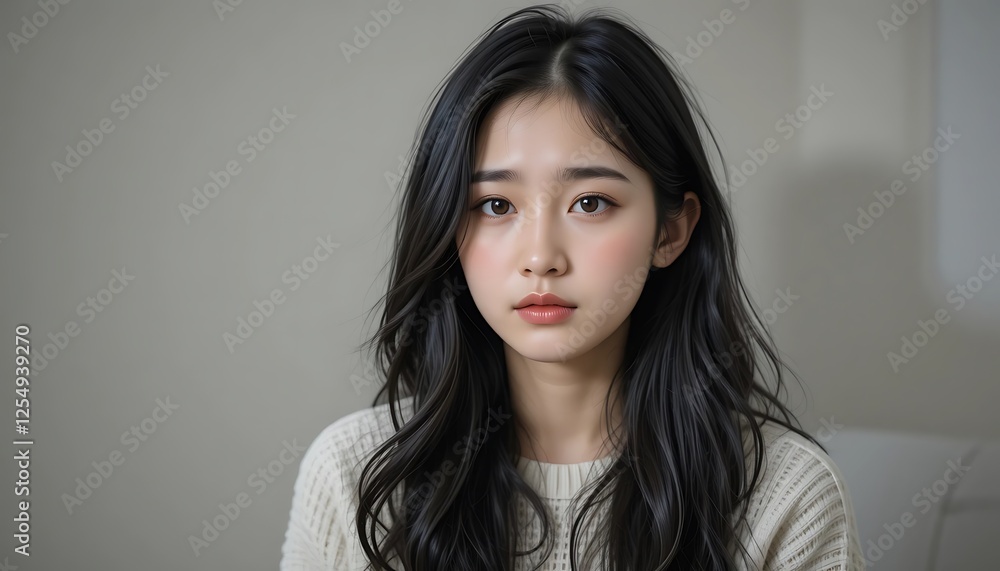 Portrait of a beautiful young Asian woman with long, dark hair wearing a cream-colored sweater, soft lighting, neutral background, close-up shot Portrait of a beautiful young Asian woman with long, dark hair wearing a cream-colored sweater, soft lighting, neutral background, close-up shot