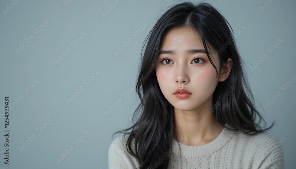 Beautiful young Asian woman with long dark hair, wearing a cream-colored sweater, against a light blue background, looking thoughtfully to the side, soft makeup, close-up portrait. Beautiful young Asian woman with long dark hair, wearing a cream-colored sweater, against a light blue background, looking thoughtfully to the side, soft makeup, close-up portrait.