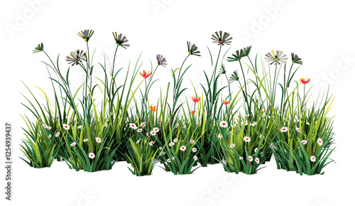 Flowery meadow vector, grass shapes cut out, PNG design, spring flowers, nature meadow, green grass, floral cutouts, natural textures, wildflowers, plant background