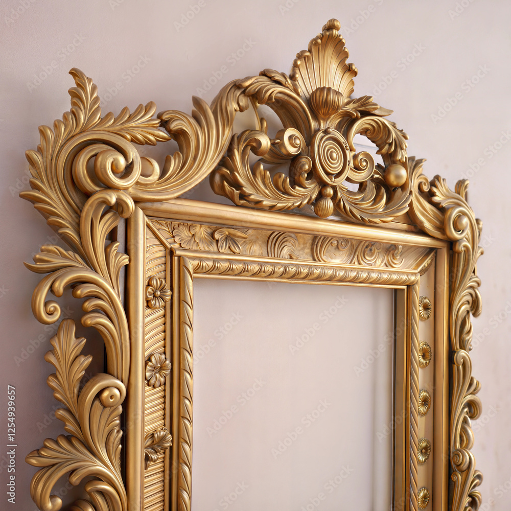 Rococo antique gold mirror frame with intricate carvings on white background for interior decor Rococo antique gold mirror frame with intricate carvings on white background for interior decor