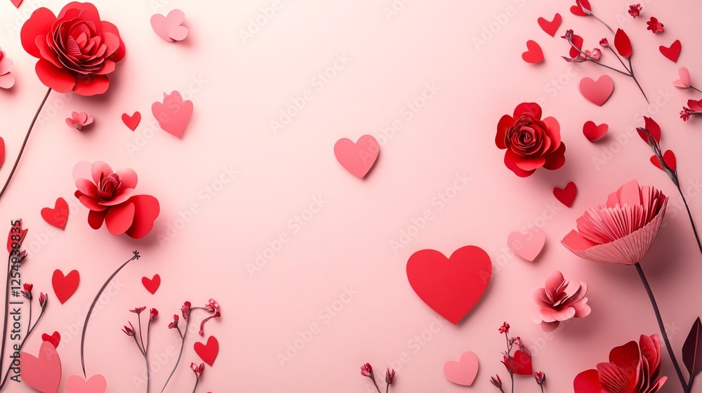 Obraz premium A vibrant arrangement of red and pink paper flowers and hearts on a soft pink background, embodying love and romance.