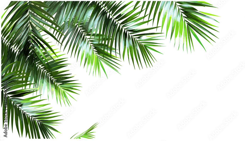 palm leaves vector illustration, realistic 3D layout, transparent corner, tropical foliage design, green nature elements, exotic plants, summer background, PNG artwork, palm tree decor palm leaves vector illustration, realistic 3D layout, transparent corner, tropical foliage design, green nature elements, exotic plants, summer background, PNG artwork, palm tree decor