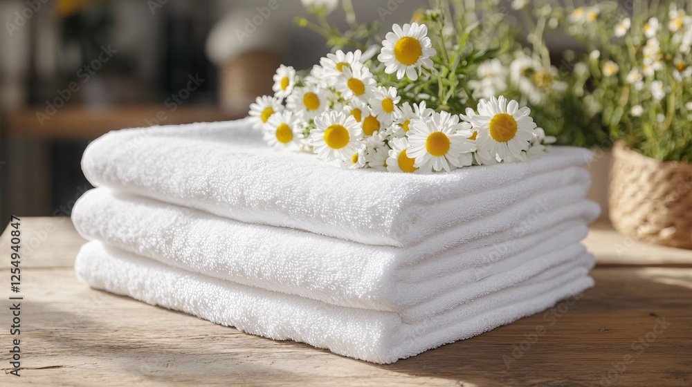 Aesthetic arrangement of white towels with fresh daisies on a rustic wooden surface, creating a tranquil and inviting atmosphere. Aesthetic arrangement of white towels with fresh daisies on a rustic wooden surface, creating a tranquil and inviting atmosphere.
