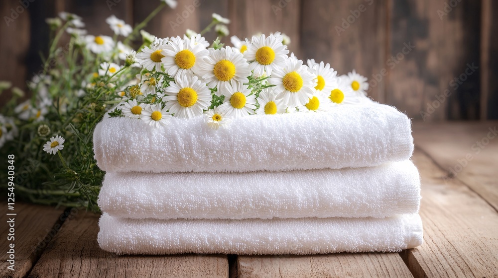 Three neatly stacked white towels adorned with fresh daisies, creating a serene and inviting atmosphere. Three neatly stacked white towels adorned with fresh daisies, creating a serene and inviting atmosphere.