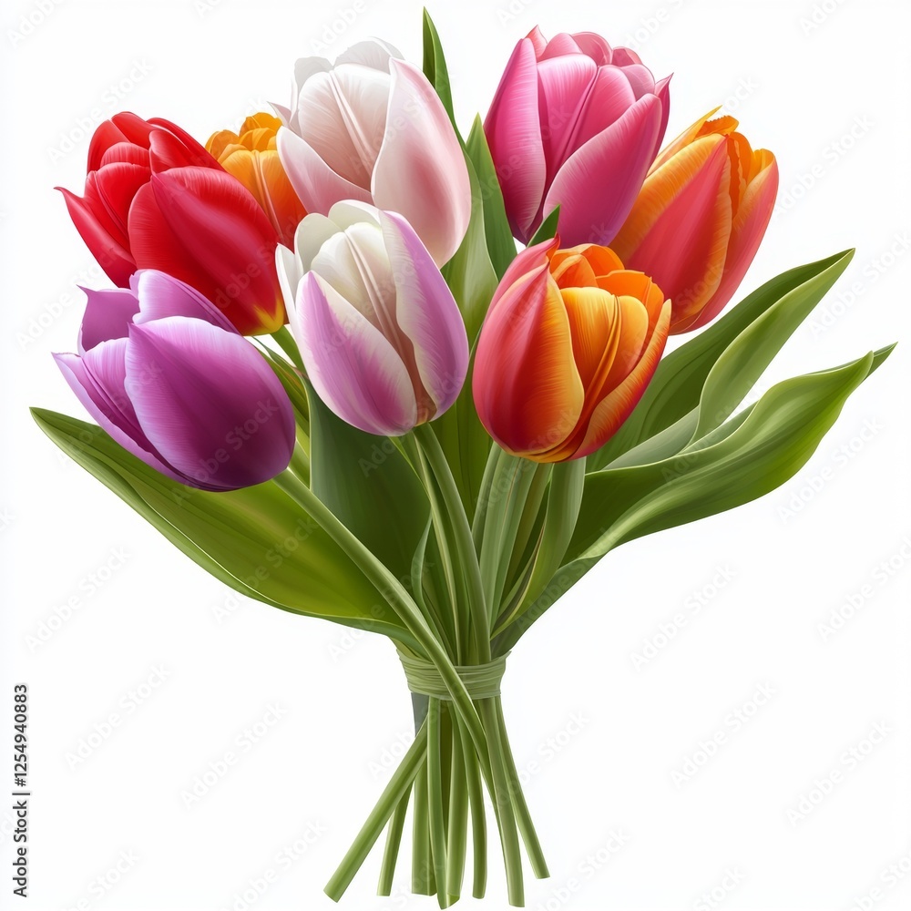 Vibrant Bouquet of Multicolored Tulips Displayed Elegantly in a Natural Setting with Green Leaves Vibrant Bouquet of Multicolored Tulips Displayed Elegantly in a Natural Setting with Green Leaves