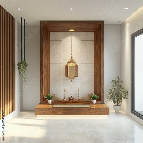 Modern Minimalist Home Altar with Wooden Frame and Hanging Lantern