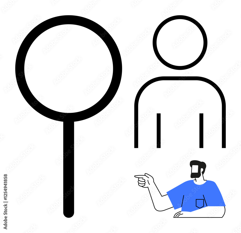 Black outline of a magnifying glass and human figure, man in blue shirt pointing right. Ideal for search, discovery, focus, inspection, information, analysis guidance. Minimalist style abstract Black outline of a magnifying glass and human figure, man in blue shirt pointing right. Ideal for search, discovery, focus, inspection, information, analysis guidance. Minimalist style abstract