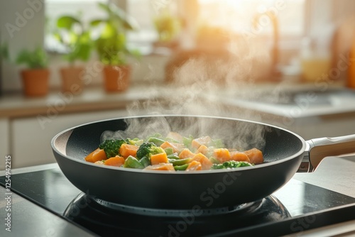 Cooking fresh vegetables in a skillet on a sunny kitchen countertop with steam rising