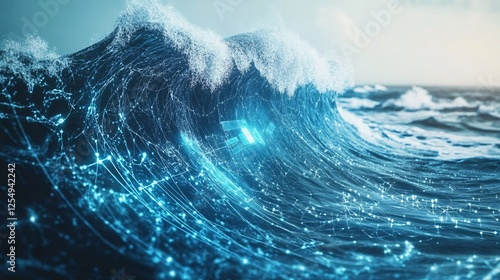 Fototapeta Naklejka Na Ścianę i Meble -  A vibrant digital wave merging technology and nature, showcasing swirling blue tones and glowing data patterns.